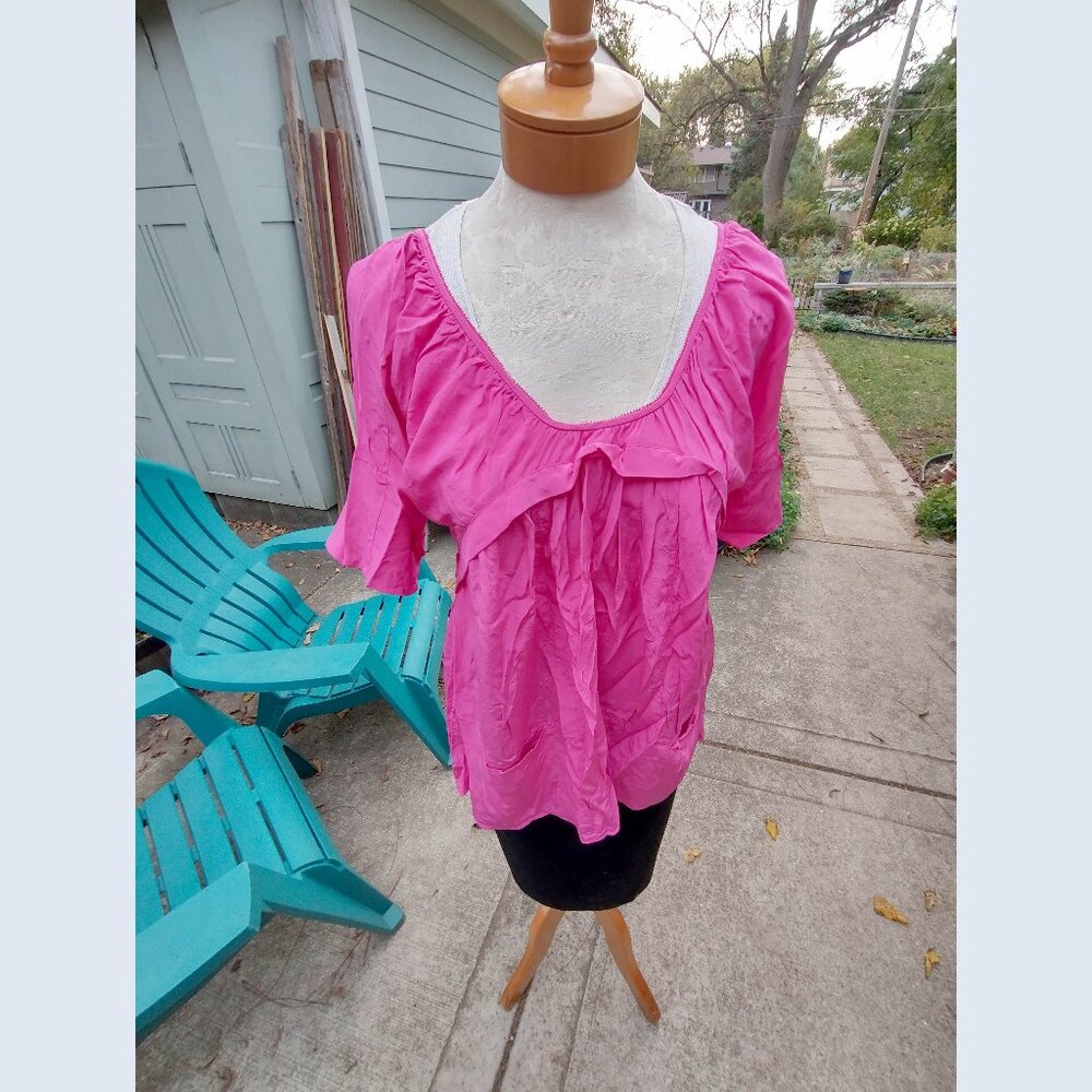 Top: Silk, deep pink, short sleeve. Loose size medium - by Rebecca Taylor